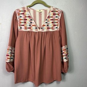 Entro Embroidered Baby Doll Style Balloon Sleeve Top Small